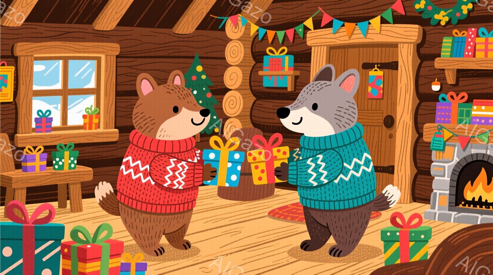 暖炉のある木の家の中で、2匹の毛むくじゃらの動物がプレゼントを抱えています。2匹とも赤いセーターを着ており、青い模様が入っています。背景にはクリスマスツリーやプレゼントの山、窓から見える雪景色があり、 - AI生成フリー素材
