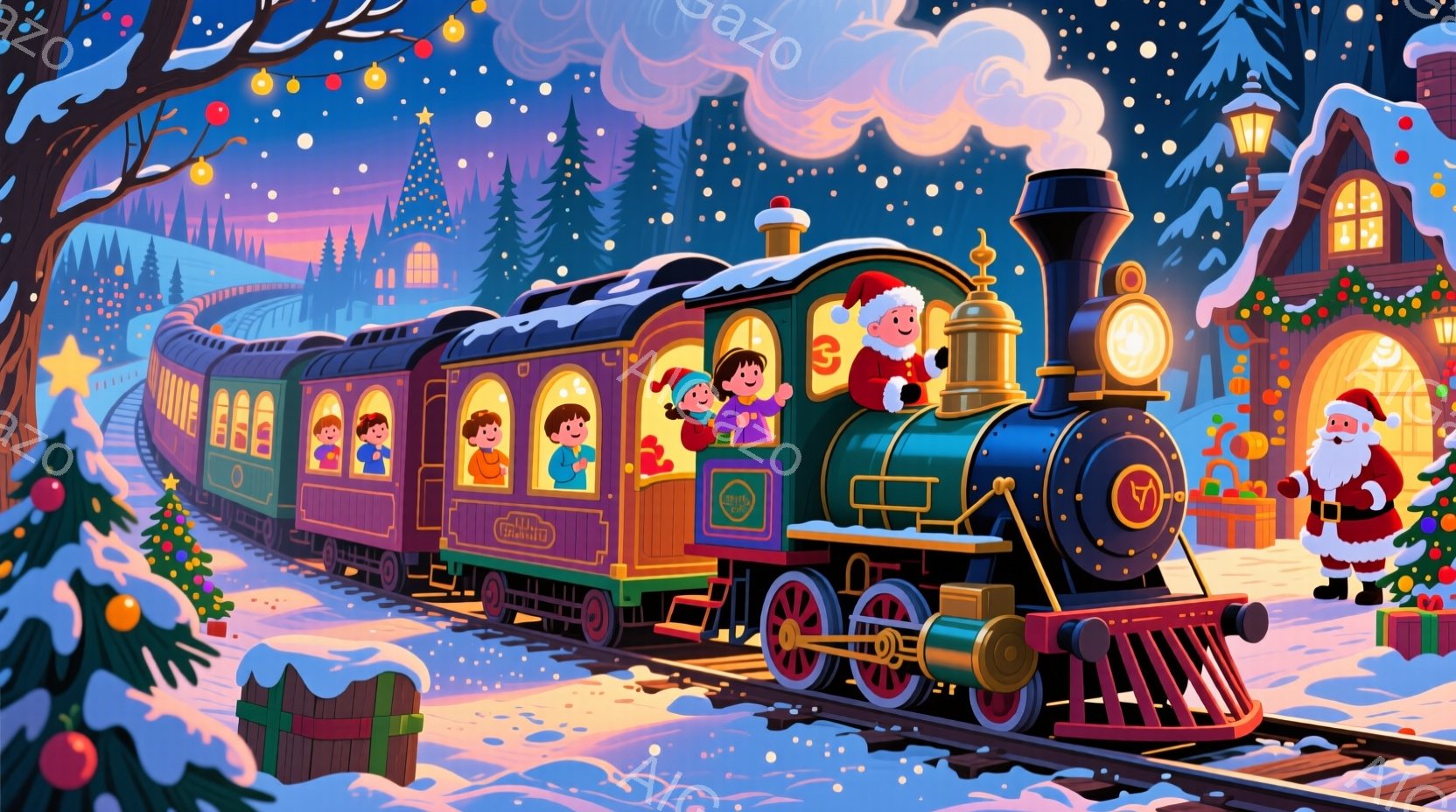 明るい緑色の機関車が雪景色の中を走っており、機関士は赤い帽子をかぶって笑顔で運転しています。車内には、様々な髪型と服装をした子供たちが喜びの表情を浮かべており、クリスマスのプレゼントが積まれた雪の風景が広がっています。背景には、光り輝く家々や雪に覆われた木々が描かれ、暖かく幸せなクリスマスの雰囲気を醸し出しています。