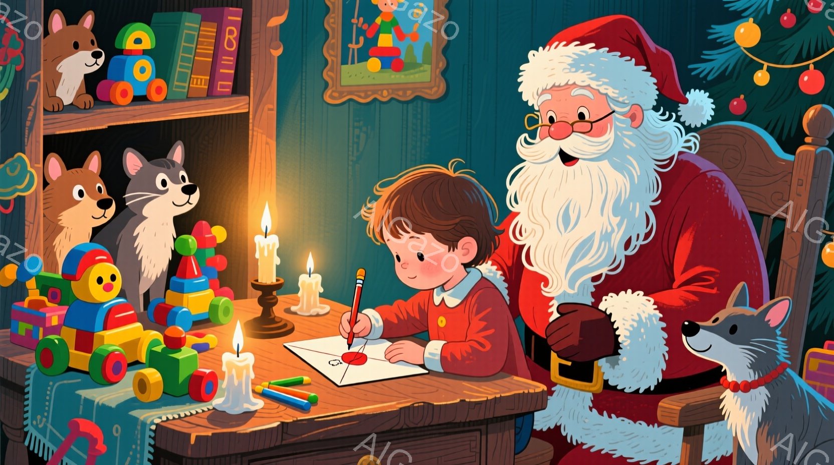 男の子が机に向かって手紙を書いている様子が描かれています。サンタクロースが温かい笑顔でその様子を見守り、背後にはおもちゃとキャンドルが並び、暖炉の中には火が灯っています。背景には木製の棚があり、おもち - AI生成フリー素材