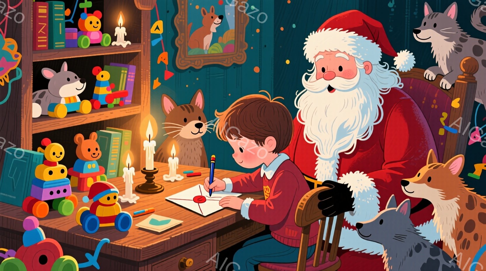 小さな少年が赤いセーターを着て机に向かい、何かを熱心に書き込んでいます。背景には、おもちゃでいっぱいの棚、暖炉、そしてサンタクロースが椅子に座って少年を見守る姿が見えます。全体的に温かく、クリスマスの - AI生成フリー素材