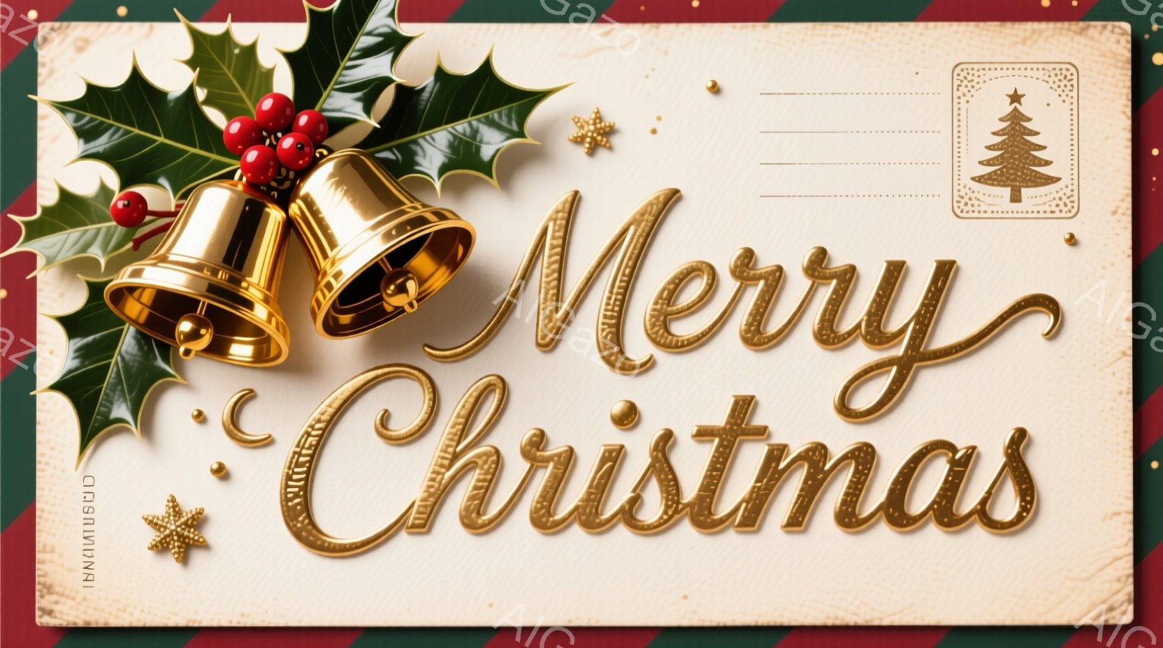 緑色の葉と赤い実の装飾に囲まれた、金色のベルが描かれたクリスマスカードです。背景は明るいクリーム色で、金の文字で「Merry Christmas」と書かれています。全体的に暖かく、お祝いの雰囲気が漂い、キラキラと輝く星がアクセントとして添えられています。
