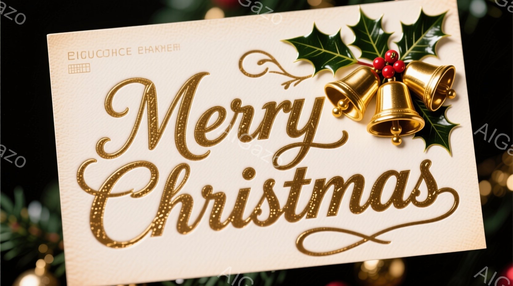 キラキラと輝く金色の文字で「メリークリスマス」と書かれたクリスマスカードです。カードの上部には、赤い実が飾られた葉と、金色のベルが添えられています。背景はぼやけており、クリスマスツリーの緑と金色のオーナメントが見え、暖かくお祝いムードに包まれています。