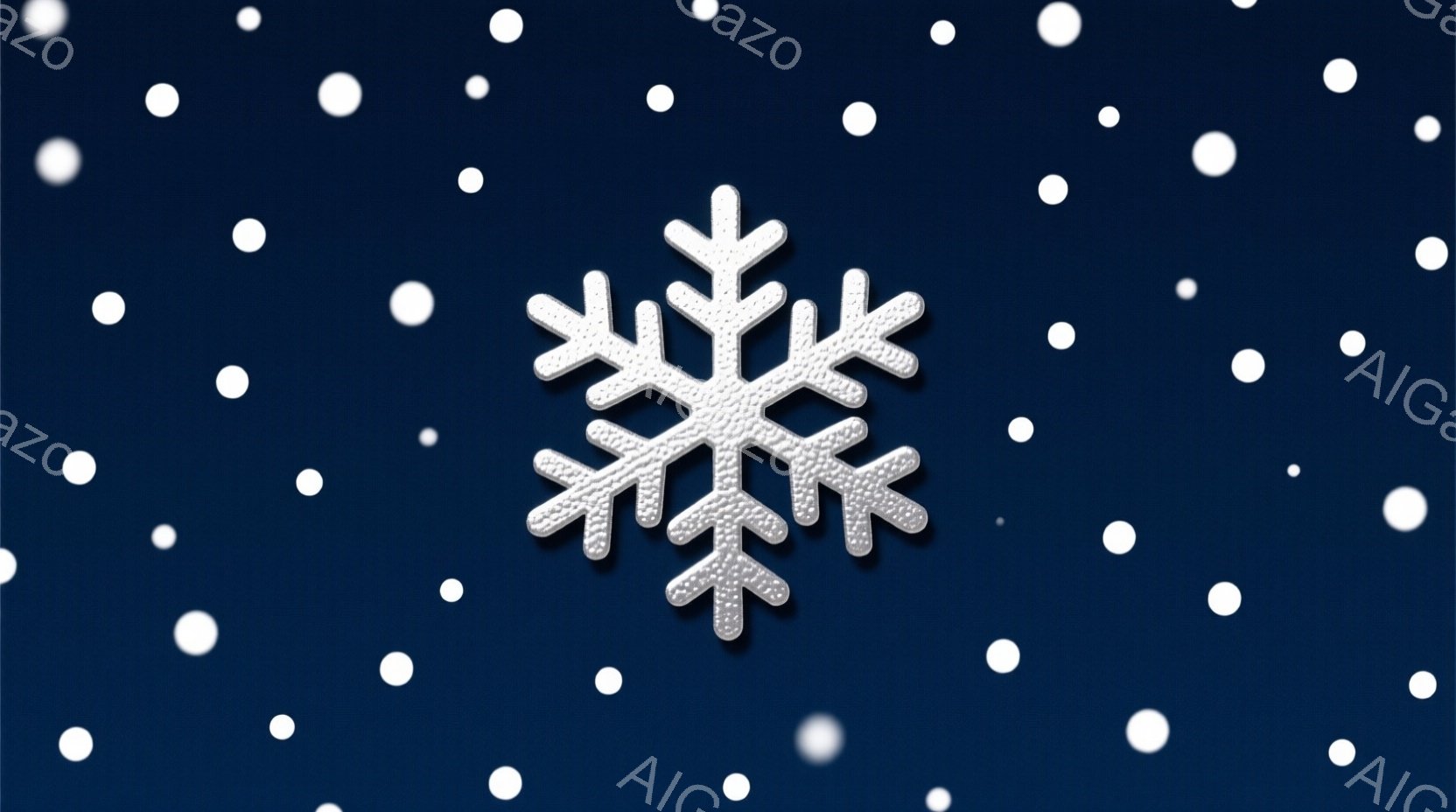 濃い青色の背景に、白い雪の結晶が多数散りばめられています。中央には、より大きく、細部まで作り込まれた金属のような質感の雪の結晶が配置され、立体感があります。全体的に冬の冷たい空気感と、静かで幻想的な雰囲気が漂っています。