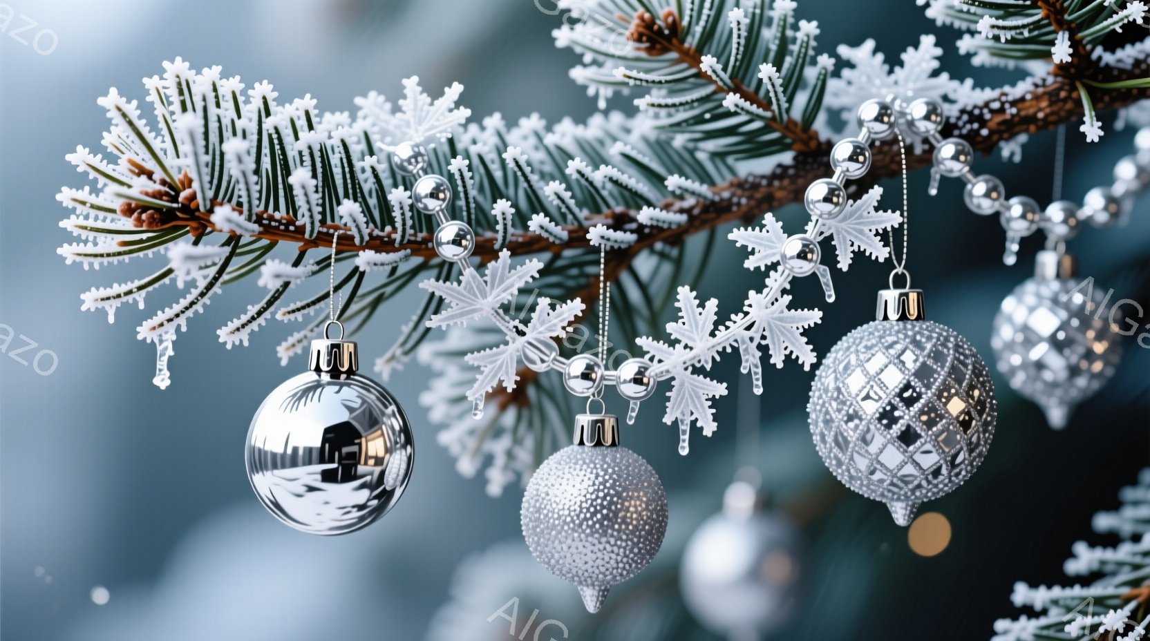 霜で覆われたクリスマスツリーの枝に、銀色のオーナメントが飾られています。球状のオーナメントは光を反射し、雪片の飾りと共に冬の輝きを添えています。背景はぼやけていますが、他のツリーの枝が見え、全体的に幻想的で静かな雰囲気を醸し出しています。