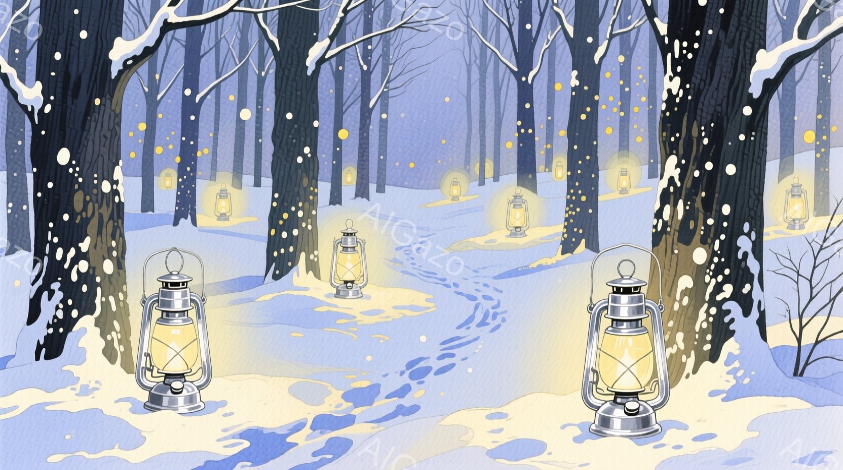 雪が降り積もる冬の森の中を、足跡とともに行灯が並んでいる様子が描かれている。背景にはうっそうとした木々が立ち並び、静寂で幻想的な雰囲気を醸し出している。行灯の温かい光が、雪景色に暖かさを添えている。 - AI生成フリー素材
