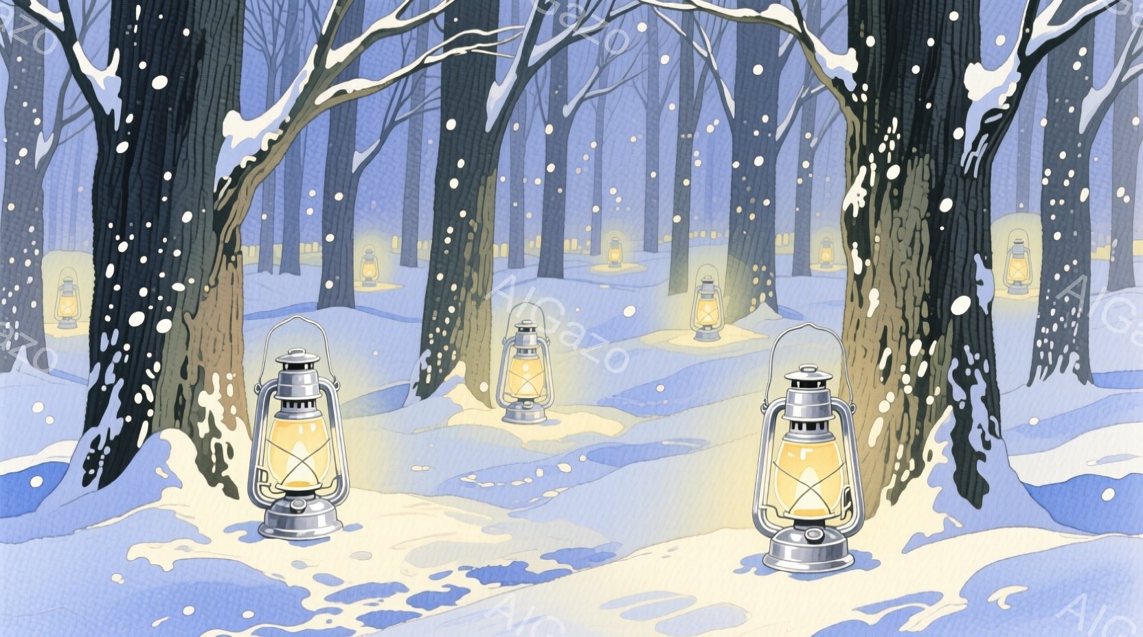 白い雪景色の中に、古い金属製のランタンが等間隔に並べられています。背景には雪に覆われた細い木々が立ち並び、まるで静寂に包まれた冬の森の奥深さを表現しています。全体的に青と白を基調とした色使いが、冷たく - AI生成フリー素材
