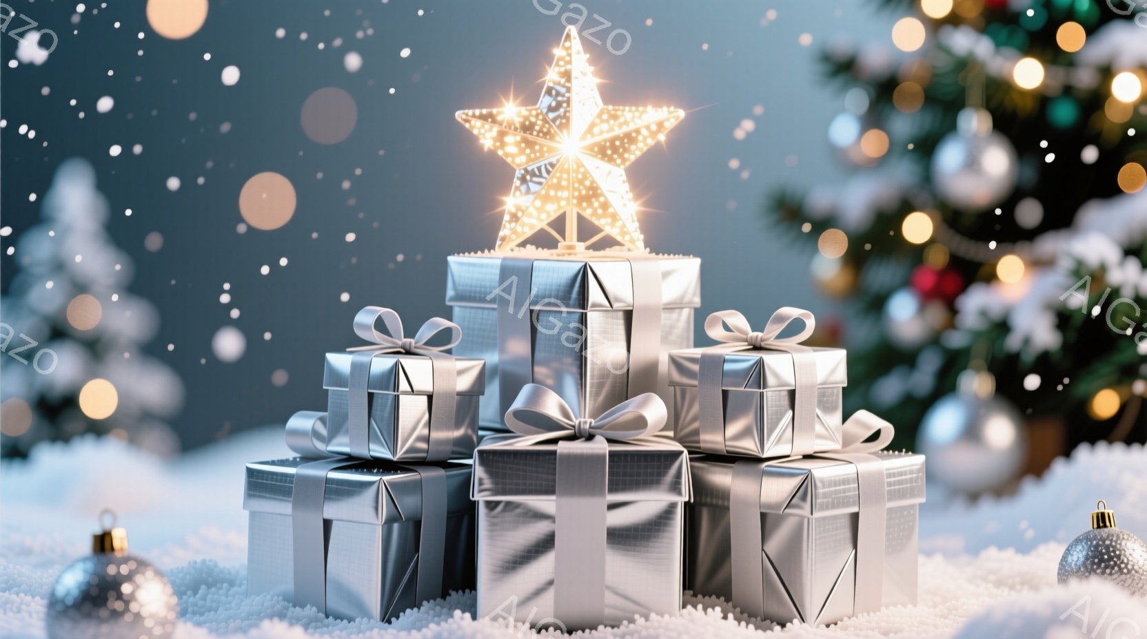 輝く銀色のプレゼントの山が雪の上に積み重なっています。一番上には光り輝く星形のオブジェが飾られ、周りには装飾されたクリスマスツリーと雪の結晶が舞う幻想的な冬景色が広がっています。全体的に、きらびやかで - AI生成フリー素材