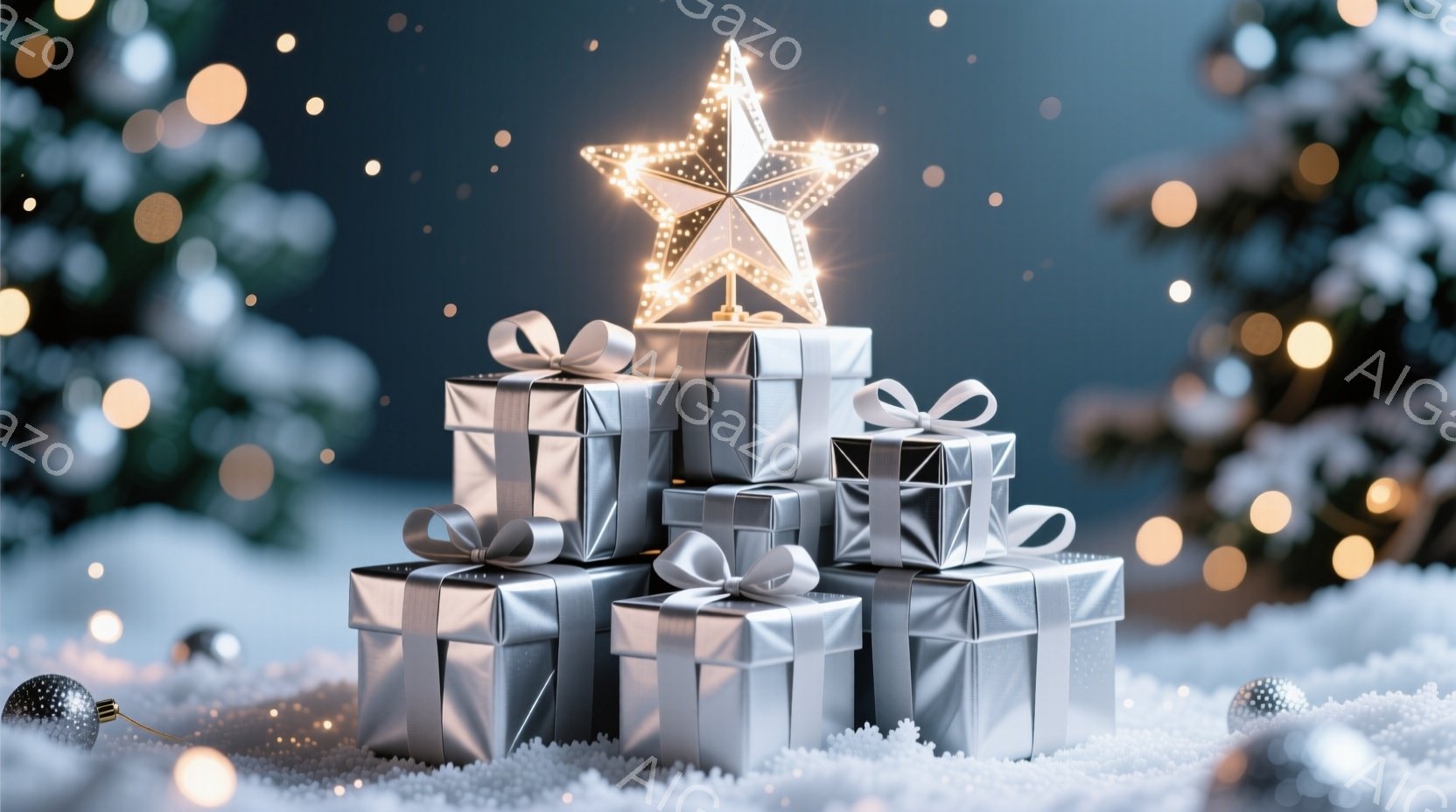 銀色のギフトボックスが積み重ねられ、ピラミッド状になっている。一番上には光り輝く星形のオーナメントが飾られ、周囲には雪が舞っている。背景にはぼやけたクリスマスツリーの緑と、暖かく光る電飾が散りばめられ - AI生成フリー素材