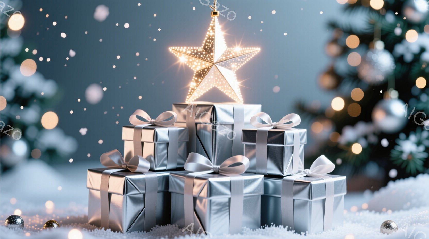 灰色のリボンで飾られたプレゼントが積み上げられ、その頂上に輝く星のオーナメントが配置されています。背景にはぼやけたクリスマスツリーと、キラキラと輝く雪のような光のエフェクトがあり、冬の暖かい雰囲気を醸 - AI生成フリー素材