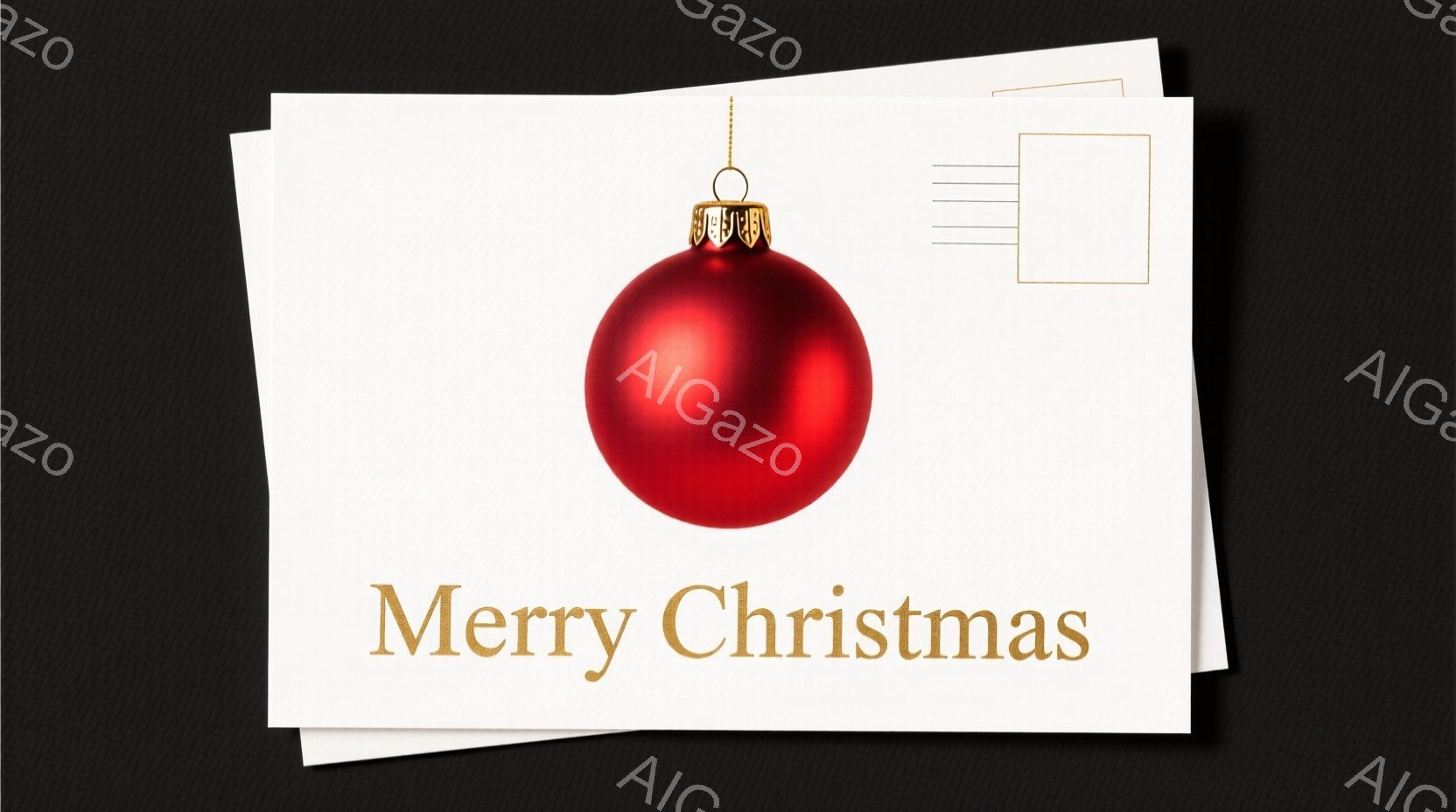 赤いオーナメントが描かれたクリスマスカードに見えます。カードは白地で、「Merry Christmas」という金色の文字が大きく書かれています。背景は暗いグレーで、カードが少し重ねて配置されています。
