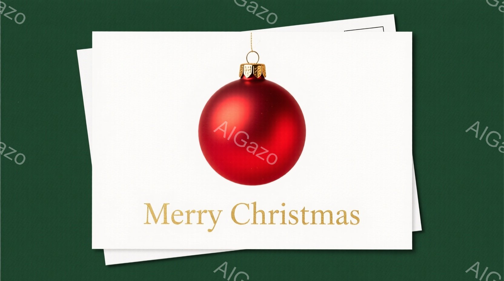 真っ赤なクリスマスオーナメントが、白い紙の上に浮かんでいる。オーナメントの上部には金色の装飾が施されており、光沢がある。背景は深い緑色で、シンプルながらもクリスマスらしい雰囲気を醸し出している。