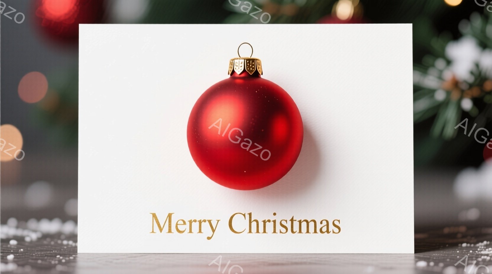 鮮やかな赤いオーナメントが、ぼやけた背景のクリスマスツリーの前で際立って見えます。オーナメントの上部には金色の装飾が施され、光沢のある表面が反射しています。背景には他のぼやけた赤いオーナメントが見え、 - AI生成フリー素材