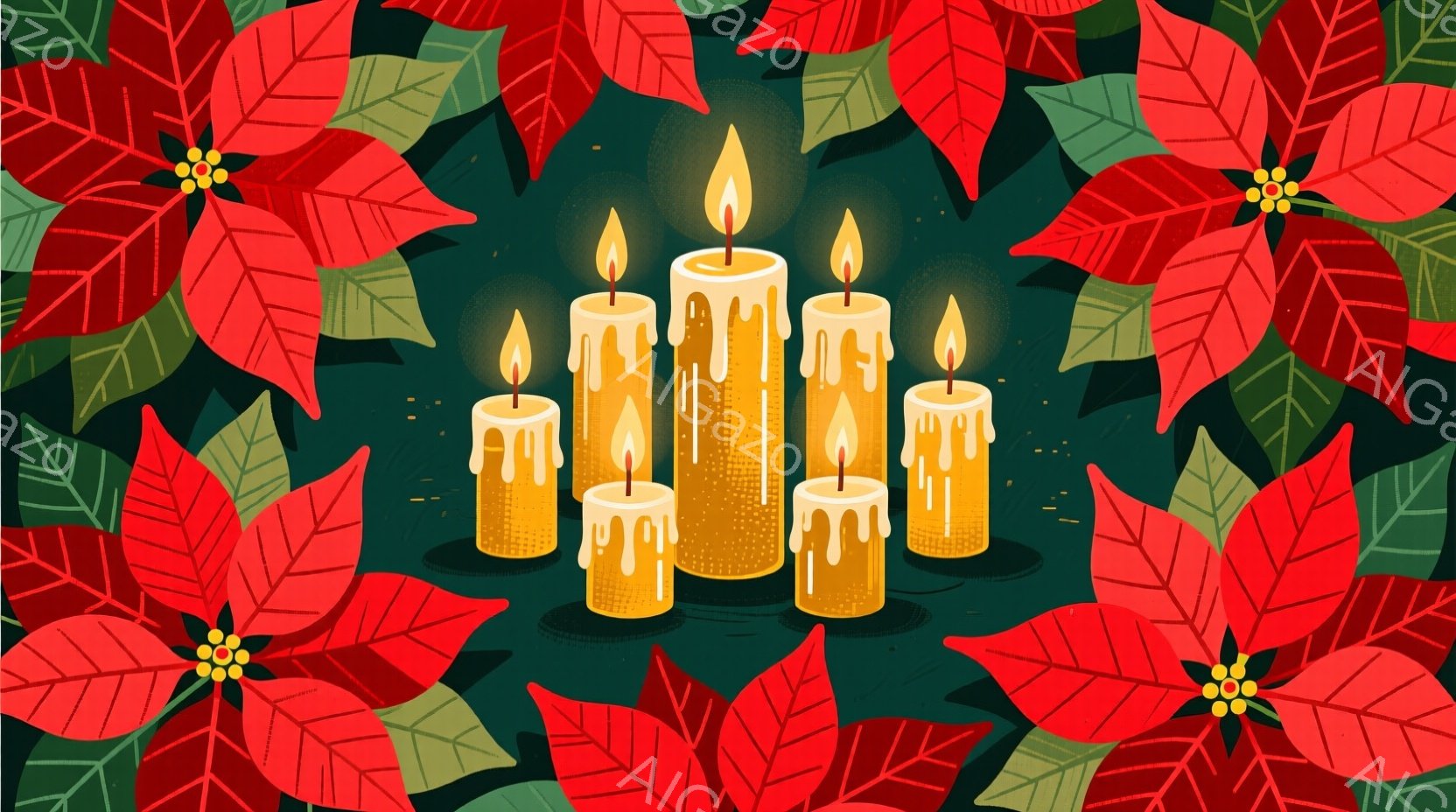 鮮やかな赤いポインセチアの花が背景を埋め尽くし、その中央に溶けたワックスが垂れるクリーム色のキャンドルが五本並んでいる。キャンドルの炎は暖かくオレンジ色で、穏やかで落ち着いた雰囲気を醸し出している。全体的に、ホリデーシーズンや冬の温かさを連想させる、装飾的なイラストレーションである。
