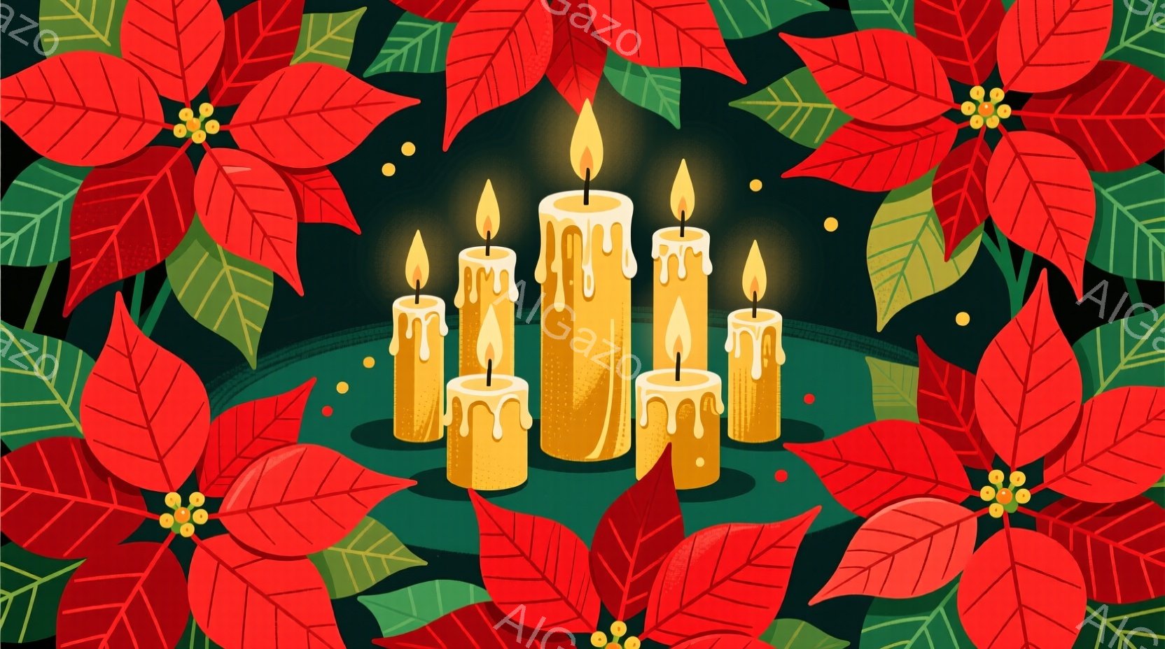 深緑色の背景に、燃え盛るキャンドルが5本並んでいます。キャンドルは溶けたワックスが垂れ下がっており、暖かく、どこか物悲しい雰囲気を醸し出しています。背景にはポインセチアの花が配置され、全体的に落ち着いた、冬の季節感を漂わせる画像です。