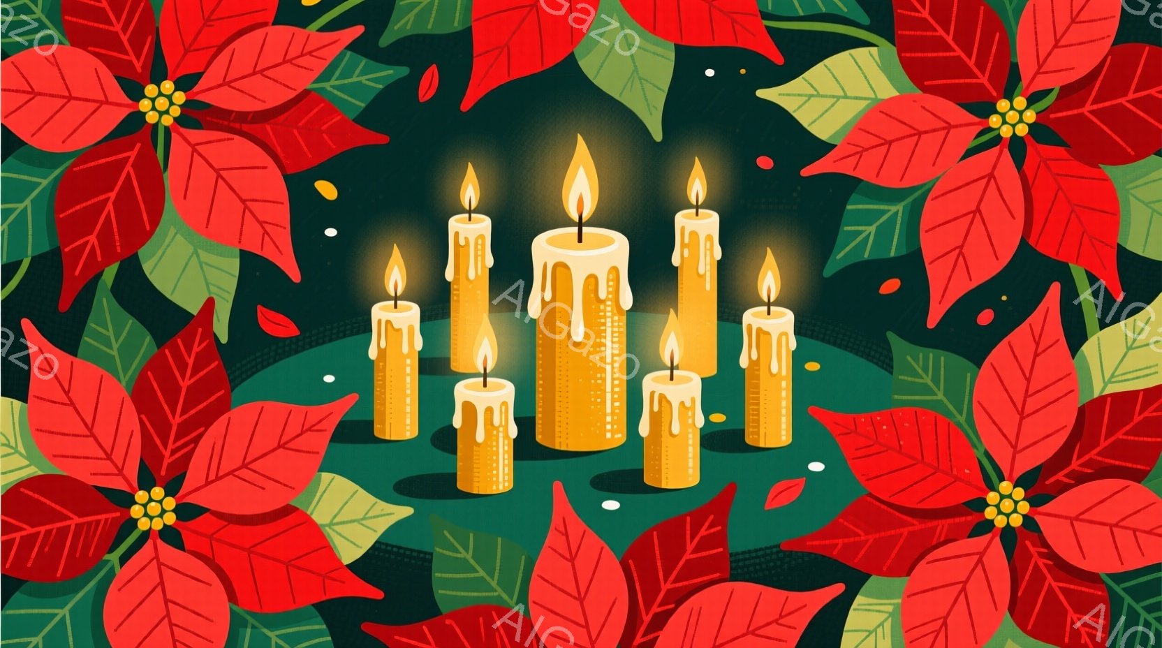 鮮やかな赤いポインセチアの花が背景全体を覆い、中央には溶けかけのキャンドルがいくつか並んでいます。キャンドルは明るい黄色で、炎が灯っており、背景の深い緑色とコントラストをなしています。全体的に暖かく、お祝いのような雰囲気を醸し出しています。