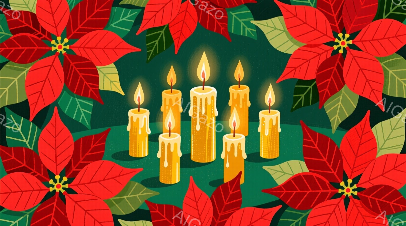 鮮やかな赤いポインセチアの花が背景全体を覆い、中心には溶けたロウが垂れる、黄金色のキャンドルが並んでいます。キャンドルの炎は明るく輝き、暖かく幻想的な雰囲気を醸し出しています。背景は濃い緑色で、全体としてクリスマスや冬の祝祭の装飾を想起させるイラストレーションです。