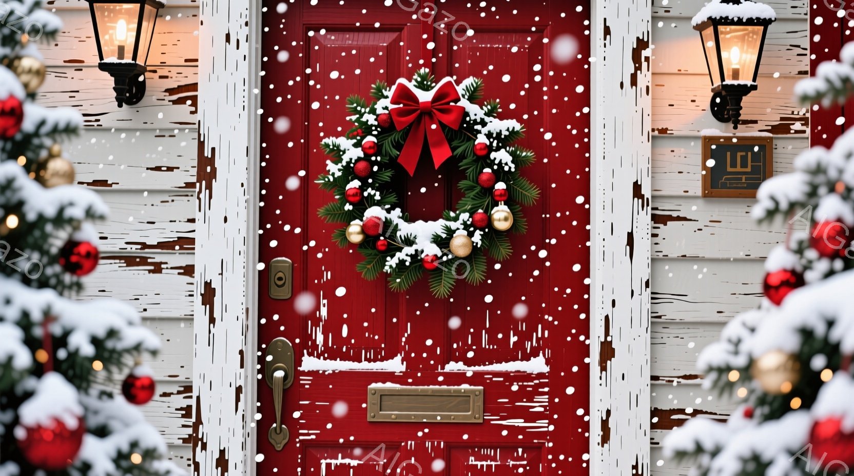 真っ赤なドアにクリスマスリースが飾られており、雪が降り積もる冬の風景です。リースは赤いリボンで飾られ、ドアノブは金色のアンティーク調で、周囲には緑の装飾が施されています。背景には白い壁と暗い空があり、全体的に暖かく、お祝いムードに包まれたクリスマスの雰囲気が漂っています。