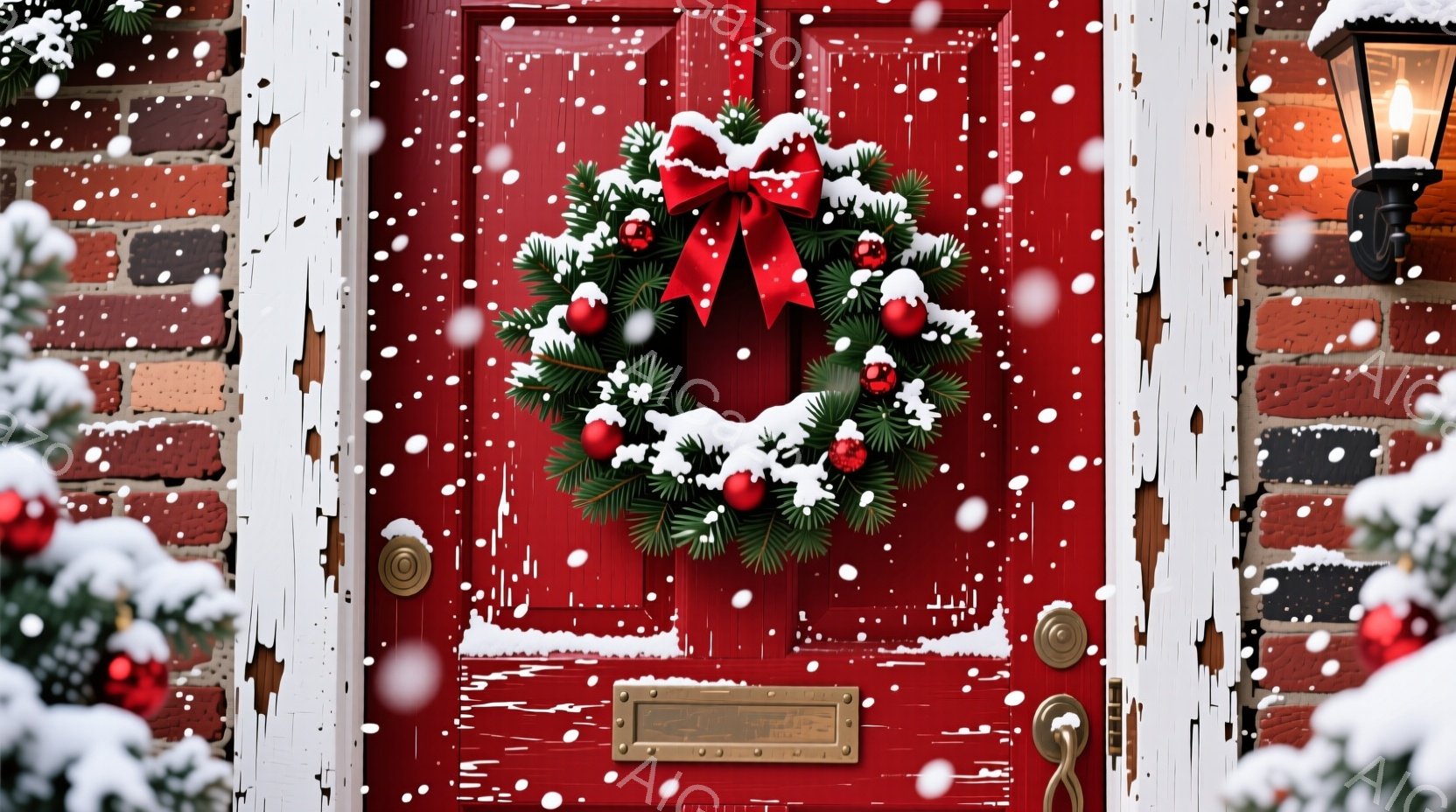 真っ赤なドアに雪化粧したクリスマスリースが飾られており、緑の葉と赤いリボンが暖かく華やかな印象を与えています。ドアの周囲には白い雪が舞い、背景のレンガ壁と相まって、冬のクリスマスの雰囲気を強調しています。暖色の光がドアを照らし、穏やかで心地よい季節の雰囲気を伝えています。