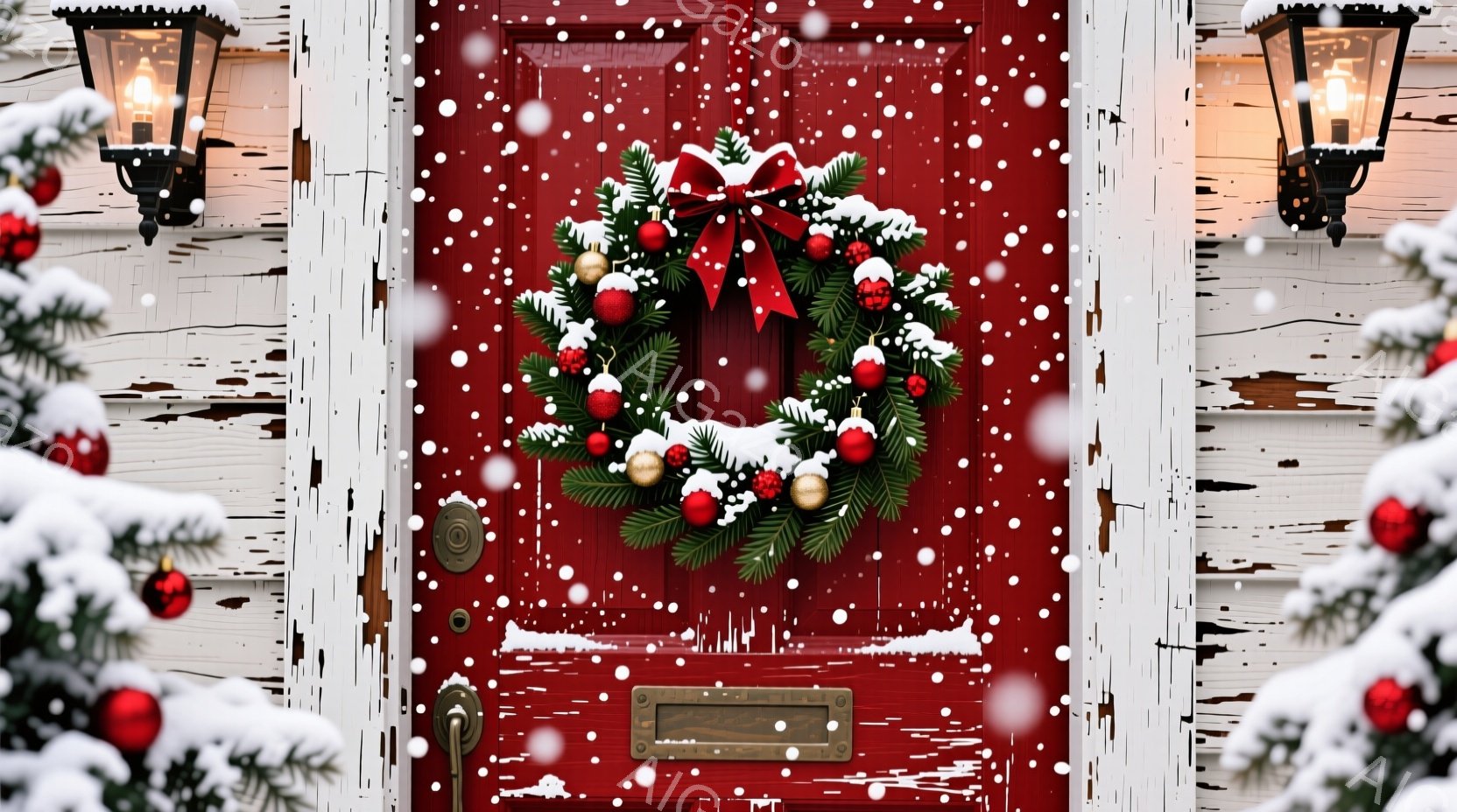 真っ赤なドアにクリスマスリースが飾られており、白い木製の壁と雪が舞う冬の風景が広がっています。リースは緑の葉と赤い実、金色の飾りで華やかさを添え、ドアノブの周りに雪が積もっている様子が描かれています。全体の雰囲気は、温かく、静かで、クリスマスの喜びと冬の落ち着きを感じさせます。