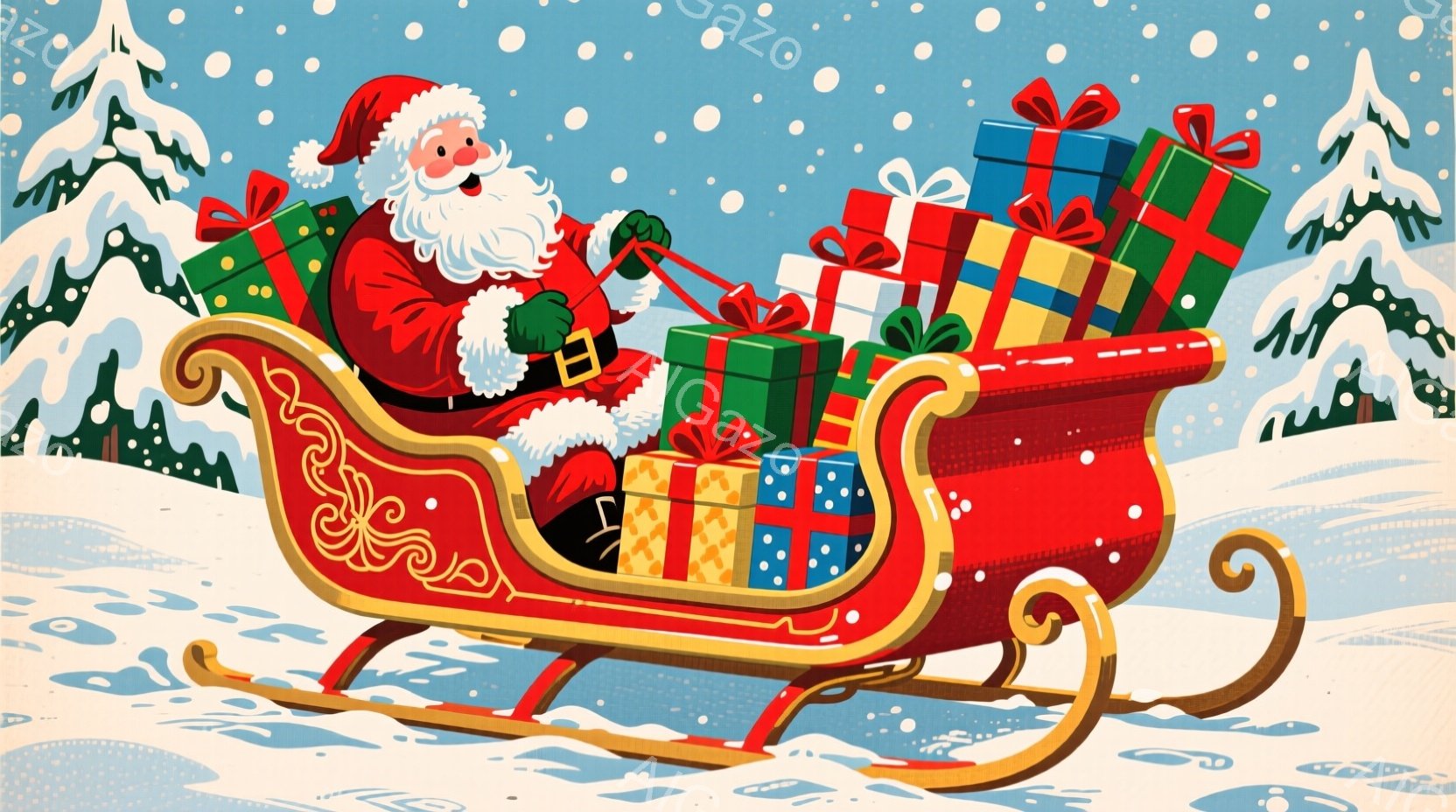 赤い衣装を着たサンタクロースが、プレゼントの山を積んだ赤いソリを操縦している様子が描かれている。彼は白いひげを生やし、楽しそうな表情で手綱を握っている。背景には雪景色が広がり、遠くには雪をまとった木々 - AI生成フリー素材