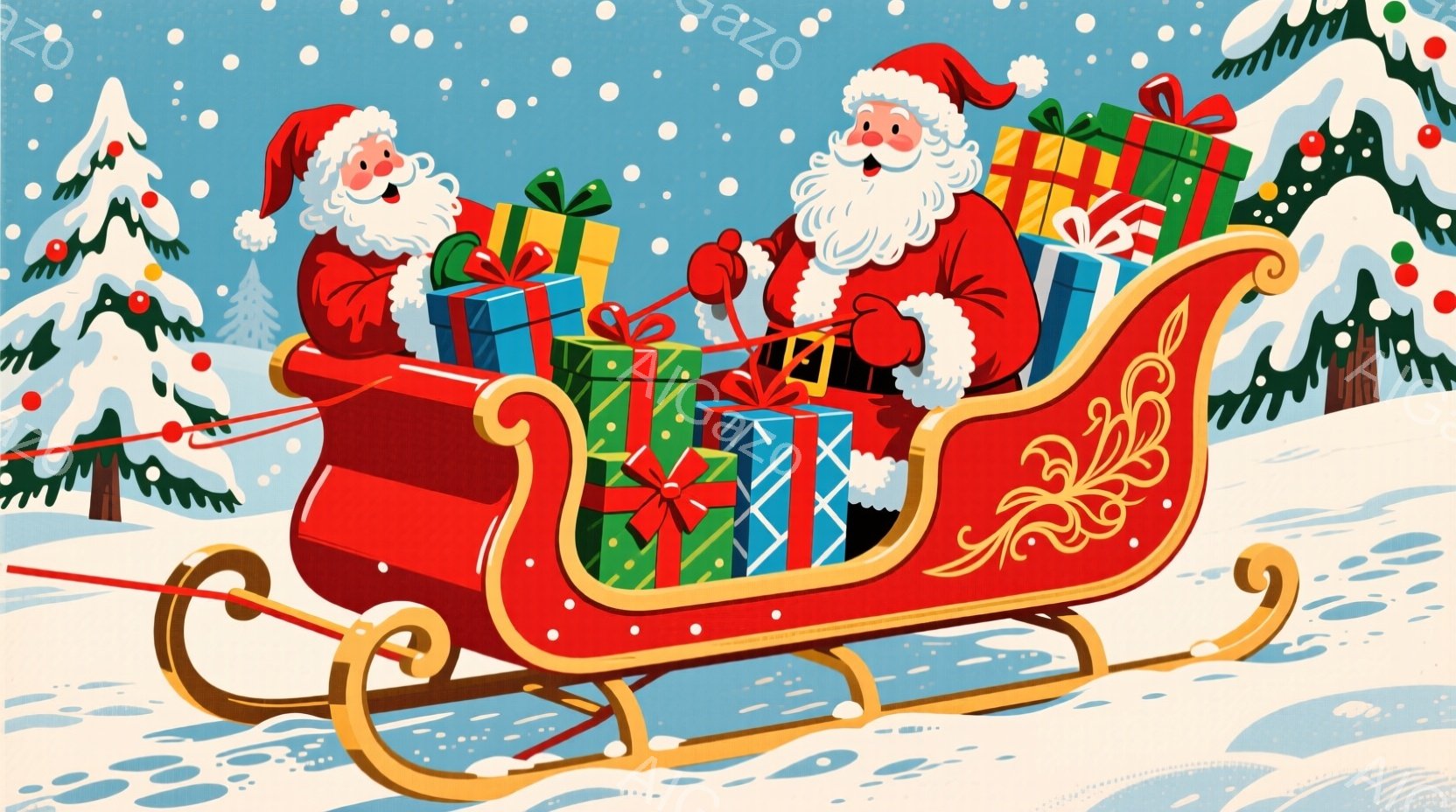 赤いそりにサンタクロースが二人座っており、それぞれ緑と赤の衣装を身に着けて、白いひげを蓄えています。そりはプレゼントの箱でいっぱいになっており、背景には雪景色と針葉樹の森が広がっています。全体的に、暖 - AI生成フリー素材