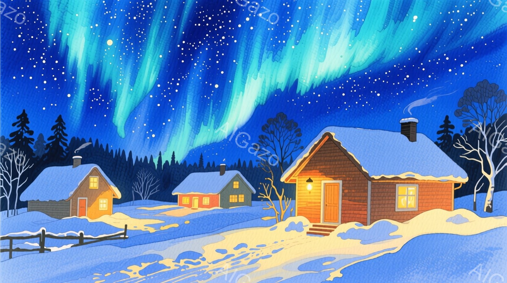 雪深い夜の風景が描かれている。数軒の木造家屋が暖かな光を灯しており、雪に覆われた庭には光の道が伸びている。背景には深い森と、オーロラのような幻想的な光が広がり、静かで神秘的な雰囲気を醸し出している。