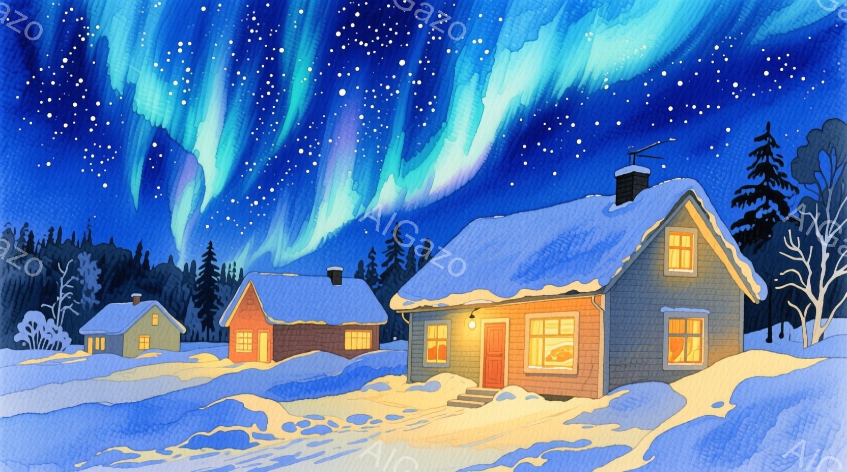 鬱蒼とした針葉樹林が描かれており、木々の間には暖かい光を放つ電飾が張り巡らされています。地面は緑豊かな草で覆われ、わずかに土の色が見え、静かで穏やかな森の雰囲気を醸し出しています。全体的に、落ち着いた色彩と柔らかな光が、自然の中でリラックスした時間を感じさせるイラストです。