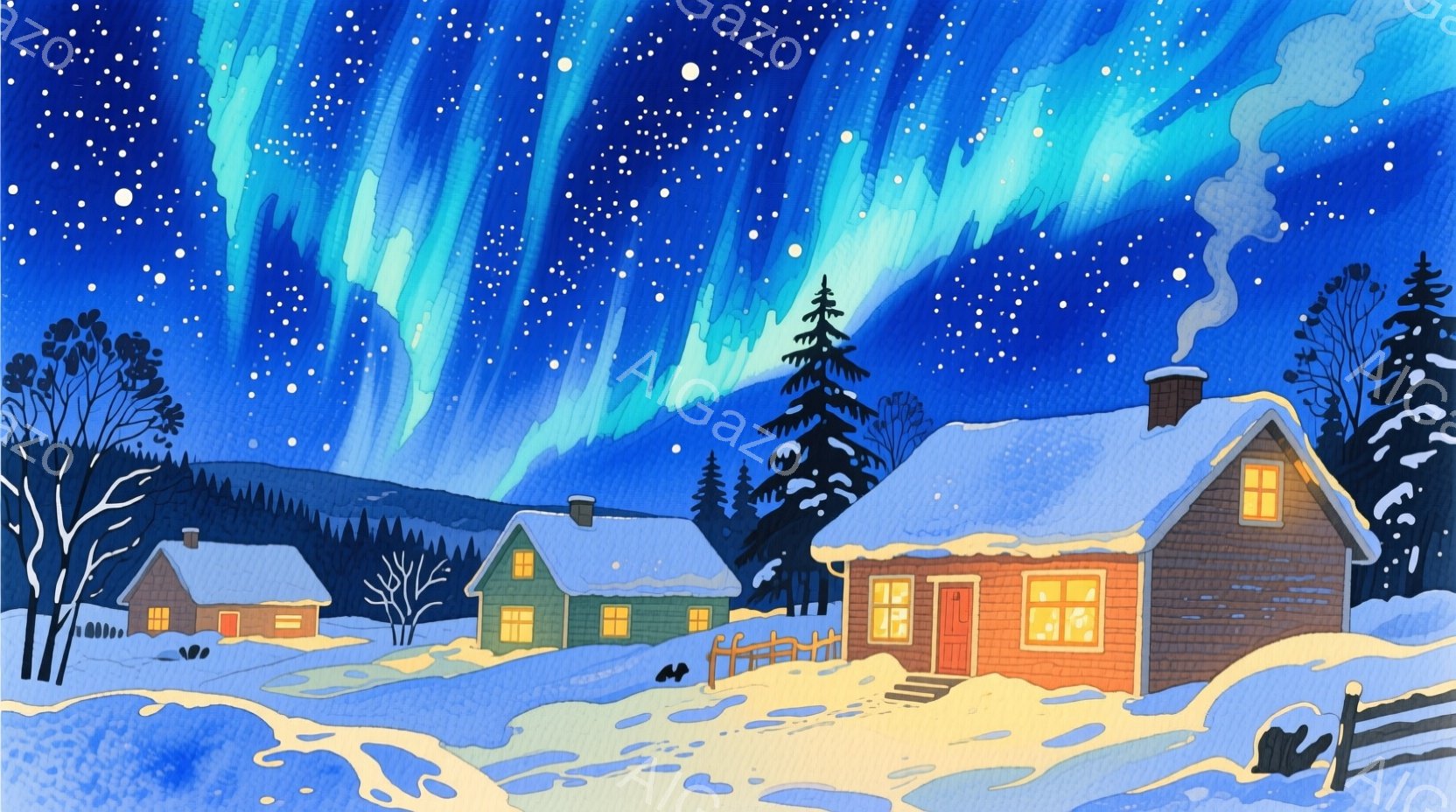 雪深い風景の中に、暖かい光を放つ小さな家々が並んでいる。家々の屋根には雪が積もり、窓からは柔らかな光が漏れ、暖かな雰囲気を醸し出している。夜空にはオーロラが輝き、幻想的な冬の夜を表現している。