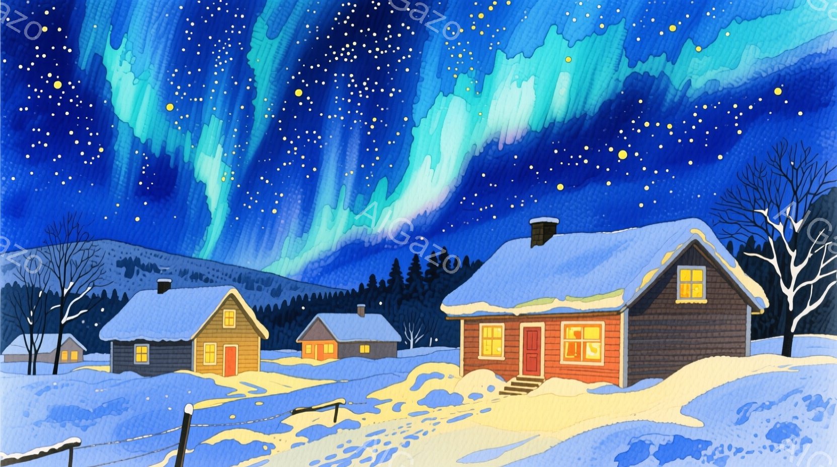 雪に覆われた家々が並び、背景には暗い青色の空にオーロラが輝いている冬の夜の風景だ。家々は赤やオレンジ色で温かみを帯びており、雪景色とのコントラストが美しい。全体的に静かで幻想的な雰囲気で、冬の夜の穏や - AI生成フリー素材