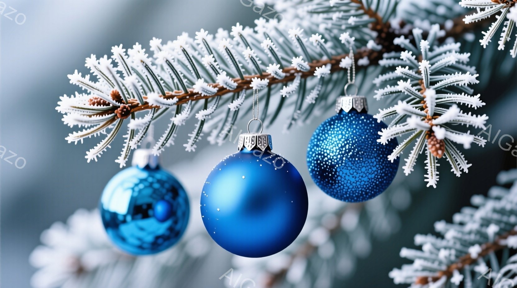 鮮やかな青色のクリスマスオーナメントが、雪をまとったモミの木の枝に飾られています。オーナメントはそれぞれ異なる質感で、光沢のあるもの、マットなもの、そして細かい模様が施されたものがあります。背景はぼやけており、雪景色の中にオーナメントが浮かび上がっているような、冬の穏やかな雰囲気が漂っています。
