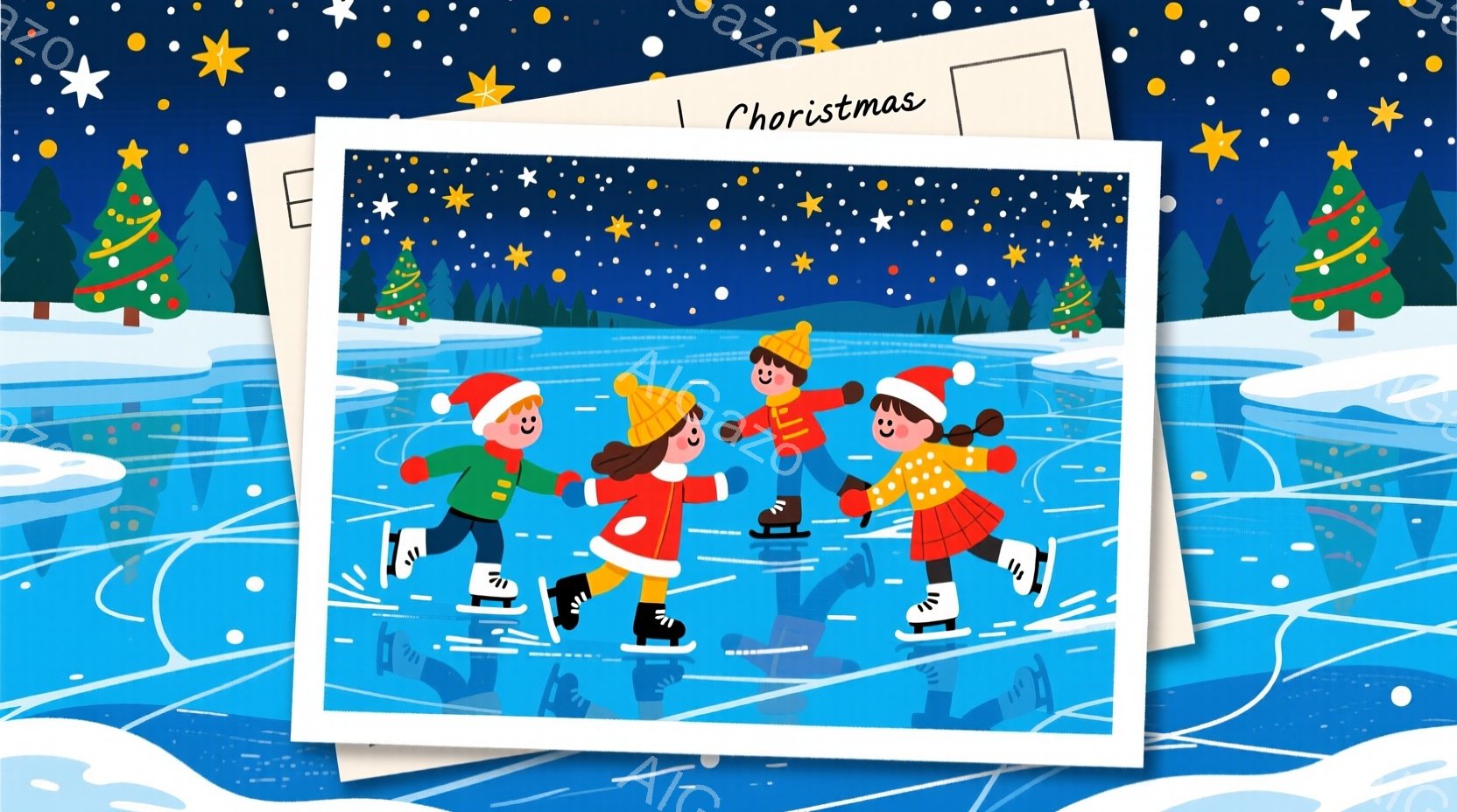 氷上を滑る人々が描かれたイラストです。それぞれ緑、赤、オレンジ、黄色と様々な色の防寒着を着ており、笑顔で楽しんでいる様子が伺えます。背景には針葉樹の森と雪が舞っており、クリスマスの温かく楽しい雰囲気が - AI生成フリー素材