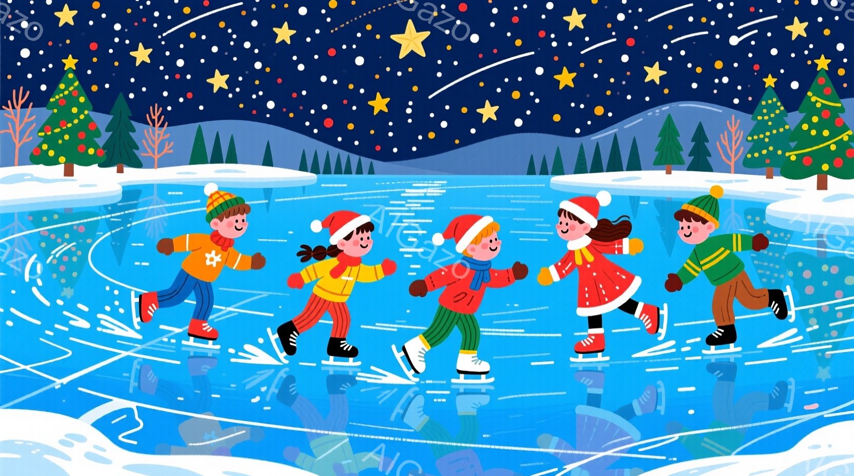 雪の降る夜、スケートをする子供たちが描かれています。それぞれ異なる色の暖かい冬服を着ており、ニット帽やマフラーで防寒しています。背景には雪に覆われた松の木々が並び、星が輝く夜空が広がっており、全体的に - AI生成フリー素材