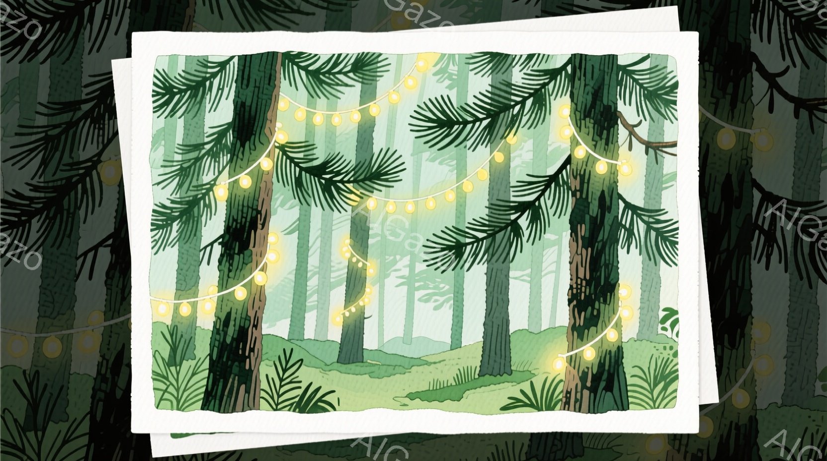 鬱蒼とした針葉樹林が描かれており、木々の間には暖かい光を放つ電飾が張り巡らされている。背景は淡い緑色で霞んでおり、針葉樹林の奥へと続く奥行きが感じられる。全体的に静かで幻想的な雰囲気が漂い、穏やかな夜 - AI生成フリー素材