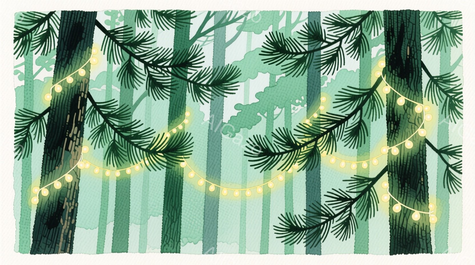 深い緑色の木々が密集しており、その間に光る電球のガーランドが張られています。背景はぼやけた緑色で、森の奥深さを表現しており、静かで幻想的な雰囲気が漂っています。木々の質感は水彩画のような淡いタッチで表現され、温かみのある印象を与えます。