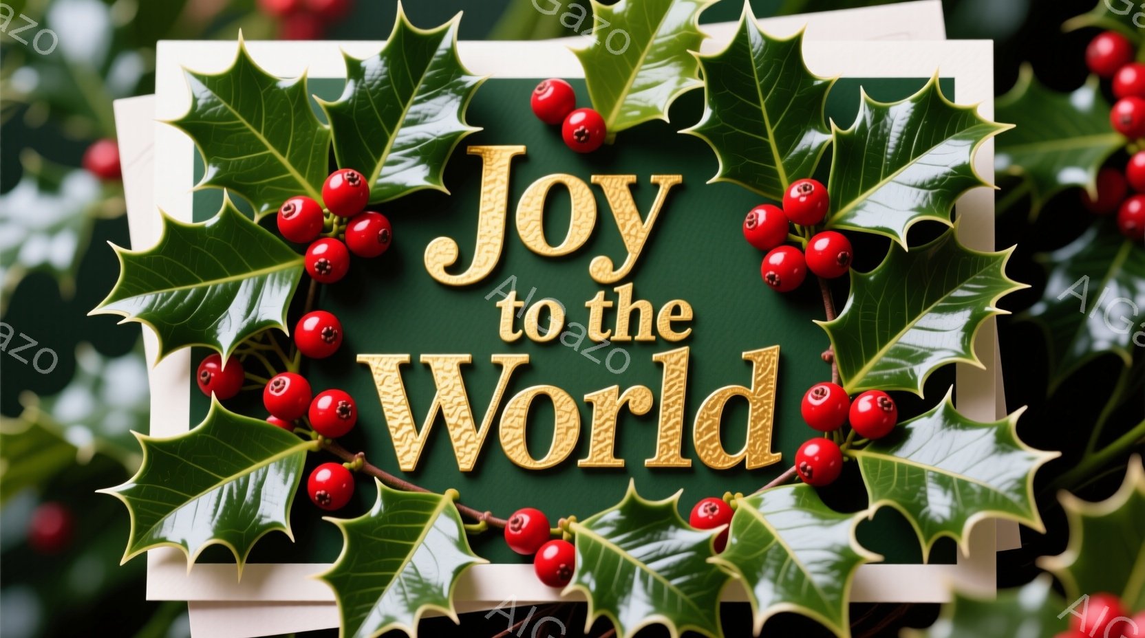 鮮やかな緑色の葉と赤い実が組み合わさったホーリーのリースが画面を埋め尽くし、中央に金色のレタリングで「Joy to the World」と書かれています。リースは立体的に配置され、葉と実は光沢があり、まるで本物のように見えます。背景は深い緑色で、雪が舞っているような繊細な光の粒子が散りばめられ、クリスマスらしい温かく祝福的な雰囲気を醸し出しています。