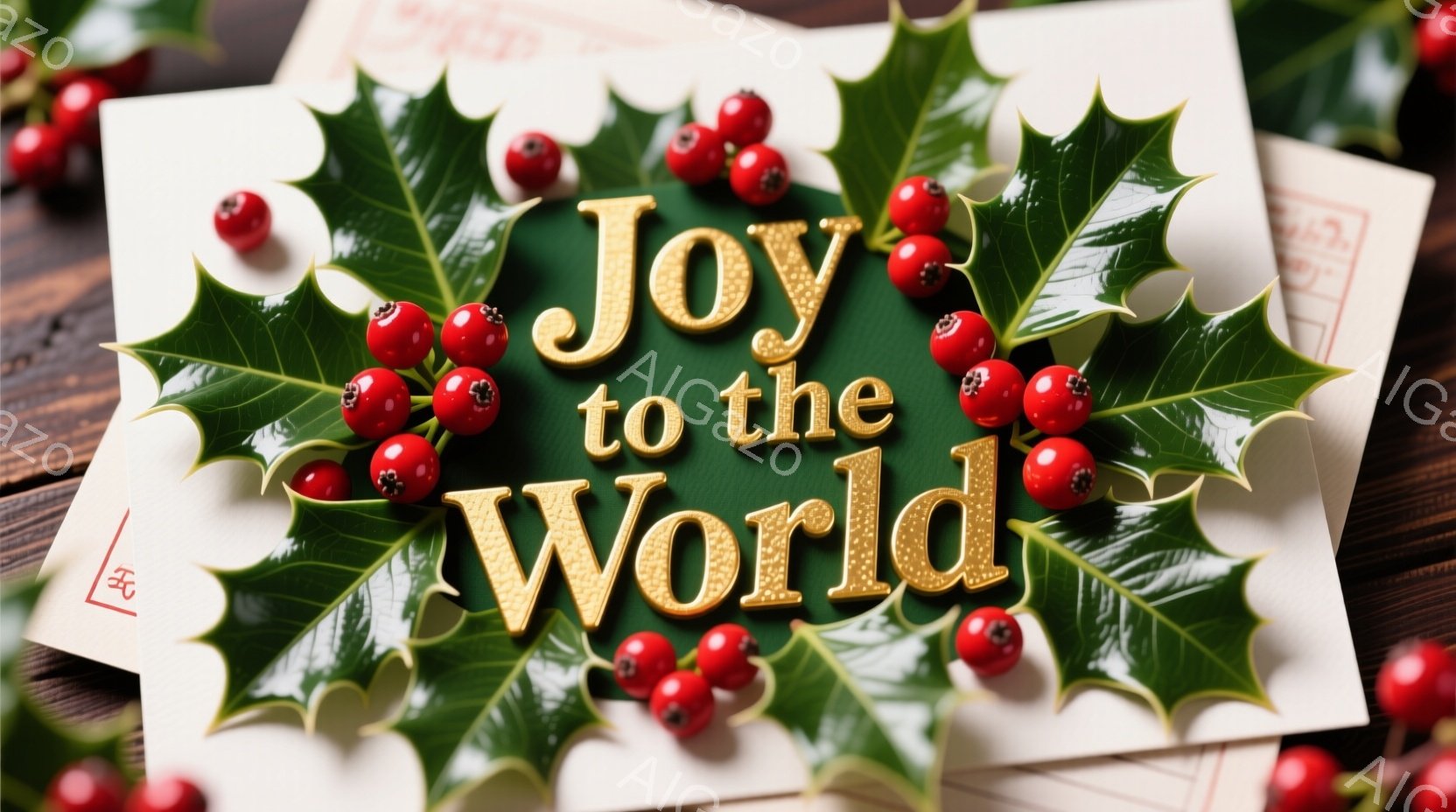深緑色の葉と赤い実が飾られたクリスマスホーリーが、オフホワイトのカードに配置されています。カードの上には金色の文字で「Joy to the World」と書かれており、背景には木目のテーブルがぼやけて見えます。全体的に温かく、祝祭的な雰囲気が漂います。