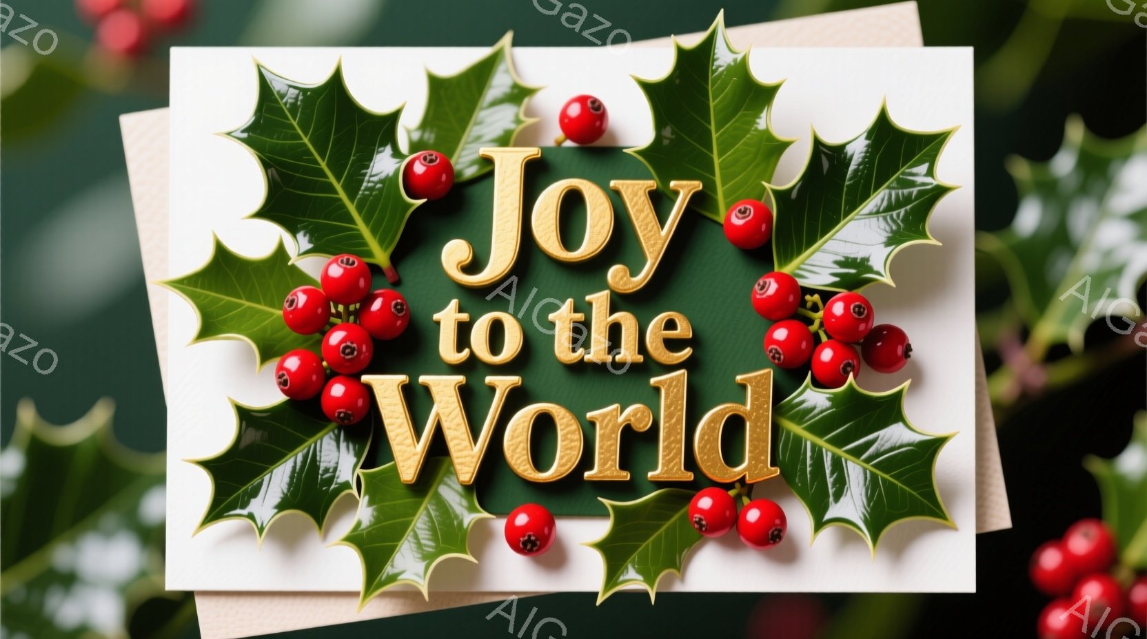 クリスマスカードには、赤い実が付いたホーリーの葉と、「Joy to the World」という金色の文字が描かれています。ホーリーの葉はカードの周りに配置され、赤い実はアクセントとして使われています。背景は深緑色で、全体的に華やかで祝福的な雰囲気です。