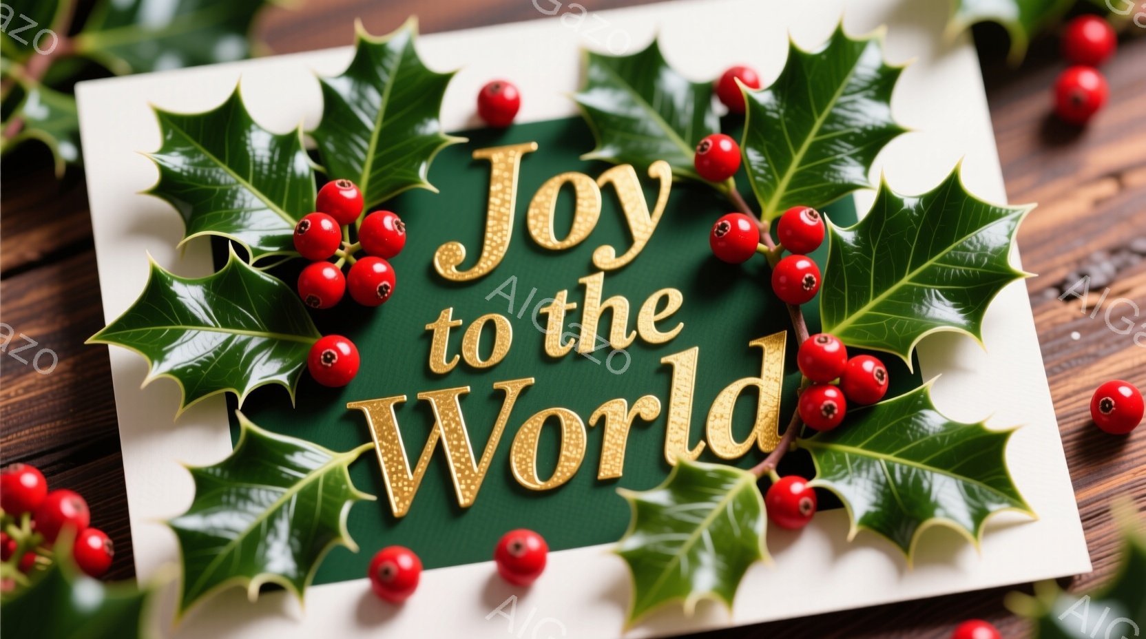 深緑色の背景に金色の文字で「Joy to the World」と書かれています。背景の周りには、赤い実がつけた冬の葉が飾られ、木製のテーブルの上に置かれています。全体的に、ホリデーシーズンを祝う温かく、お祭り気分満載の雰囲気です。