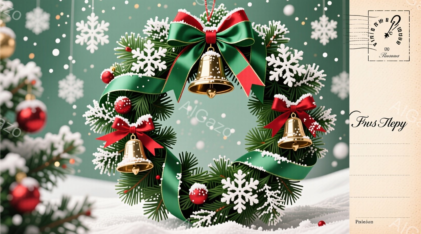クリスマスリースが描かれており、濃い緑の葉と赤いリボンで飾られています。金色のベルと雪で覆われた赤いオーナメントがアクセントとなり、背景には白い雪片が舞い散っています。全体的に華やかで温かい、クリスマスの雰囲気が漂っています。