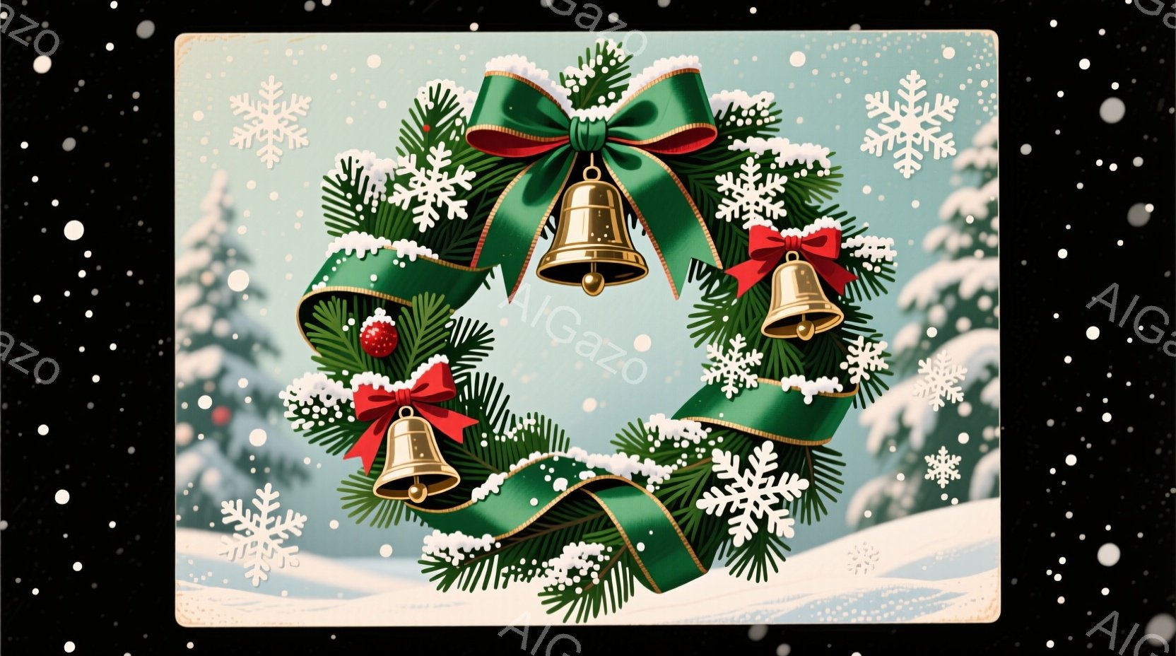 赤い実と金色の鈴が飾られた緑のクリスマスリースを表しています。背景は雪が降る冬の風景で、遠くには雪で覆われた木々が見え、空には雪片が舞っています。全体的に、暖かく、お祝いの雰囲気で、冬のホリデーシーズンを表現しています。