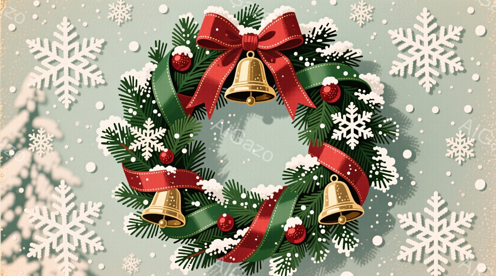 クリスマスリースが描かれており、鮮やかな緑の葉と赤いリボン、そして金色の鐘の飾りで構成されています。雪が舞う薄い青色の背景に、白い雪が積もっているように見え、全体的に温かく華やかなクリスマスの雰囲気を醸し出しています。葉や鐘には白い雪が積もり、冬の季節感と装飾の美しさが際立っています。