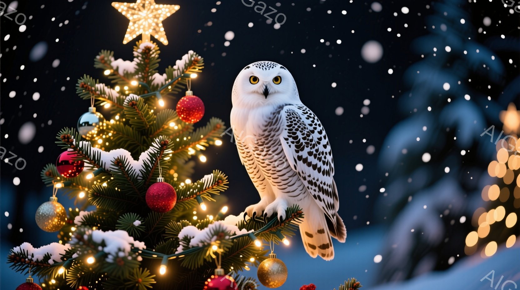 白い雪フクロウがクリスマスツリーの枝に止まっています。ツリーは赤と金のオーナメントで飾られ、暖かい光が灯っており、雪が舞う冬の夜を背景に幻想的な雰囲気を醸し出しています。フクロウは正面を向き、鋭い眼光でこちらを見つめており、静かで威厳のある姿が印象的です。