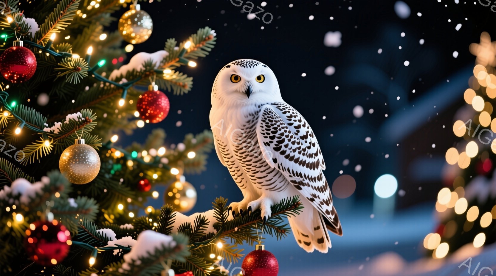 白いフクロウがクリスマスツリーの枝に止まっています。背景にはぼやけたクリスマスライトと雪が舞っており、冬の暖かい雰囲気を醸し出しています。フクロウは正面を見据え、鮮やかな黄色い目が印象的で、静かに冬景 - AI生成フリー素材