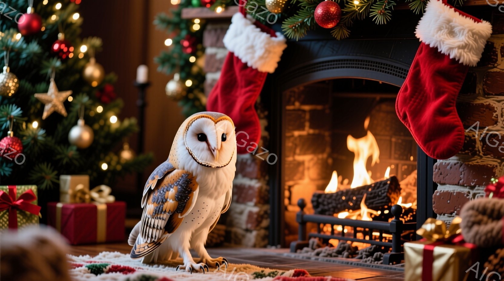 白いフクロウが、クリスマスプレゼントの山に囲まれて座っています。プレゼントは赤と緑で、金色のリボンとキャンディケーンで飾られています。背景にはぼやけたクリスマスツリーの飾りと雪が舞っており、温かくお祝 - AI生成フリー素材