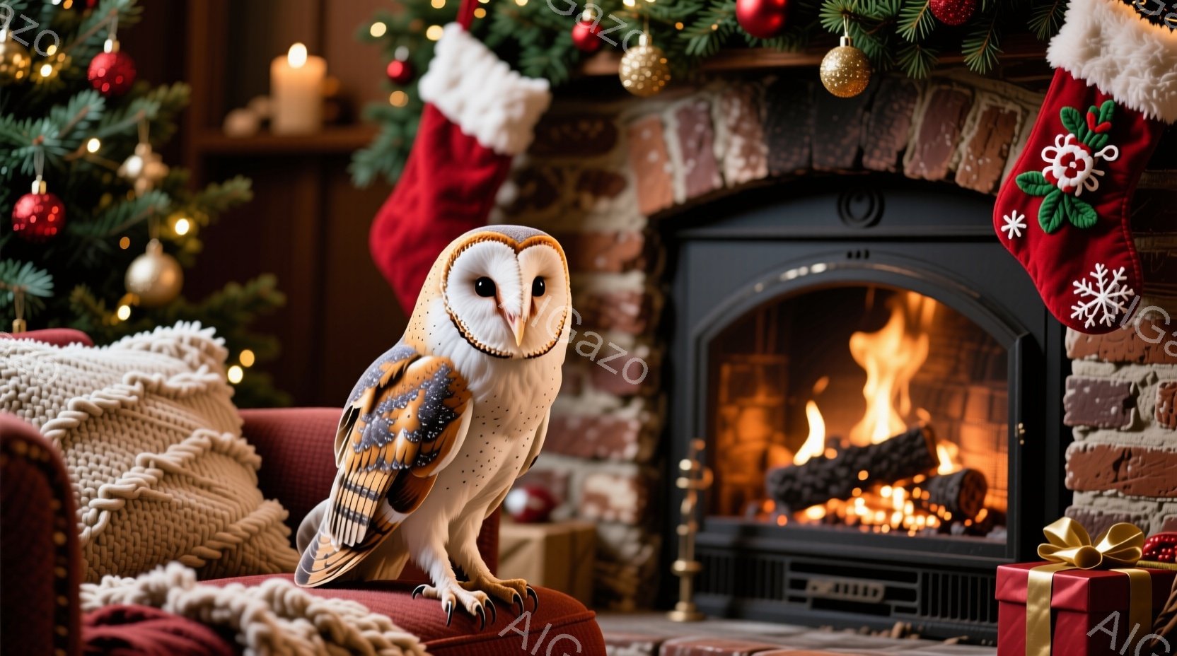 明るい暖炉の前で、美しいフクロウが赤いソファに座っています。背景にはクリスマスツリーやプレゼントボックスが置かれ、暖かくお祝いの雰囲気です。フクロウは正面を見据え、鋭い眼差しで静かに座っています。 - AI生成フリー素材