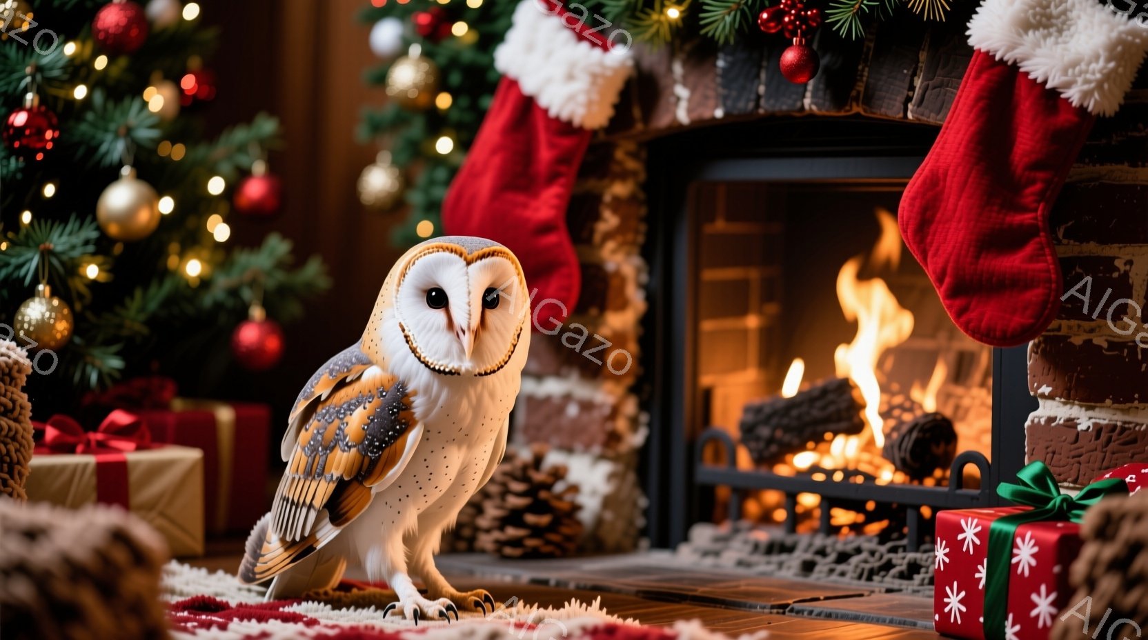 白い顔と胸元、茶色い羽を持つメンフクロウが、クリスマスツリーの近くの敷物の上に立っている。暖炉の火が暖かく光り、赤いクリスマスストッキングが暖炉の上に掛けられており、プレゼントが周囲に置かれている。全 - AI生成フリー素材