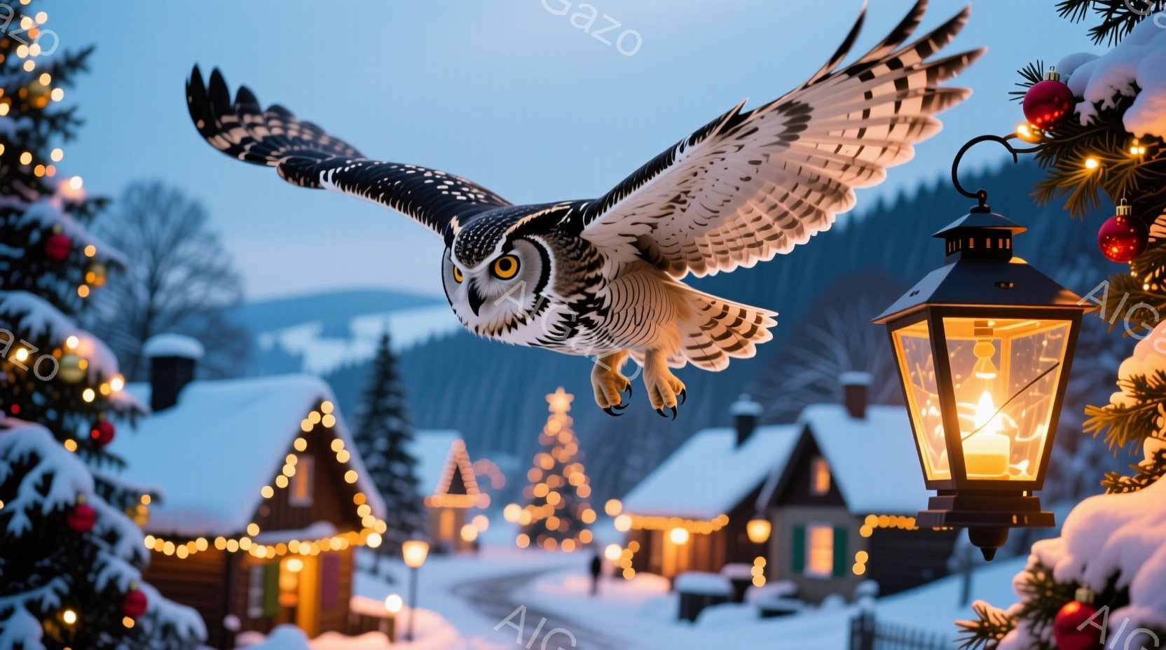 雪に覆われた村の風景の中に、翼を広げたフクロウが飛び込んできます。背景には、イルミネーションで飾られた家々が並び、暖かい光が雪景色に映えています。クリスマスの飾り付けが施されたモミの木が前景にあり、全 - AI生成フリー素材