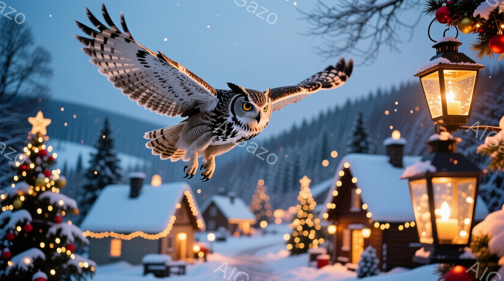 雪景色の中に、翼を広げた大きなフクロウが舞っている。背景には、クリスマスライトで飾られた可愛らしい家々が並び、雪に覆われた森が広がっている。暖かく幻想的な雰囲気で、冬の夜の静けさと魔法のような瞬間を捉えている。