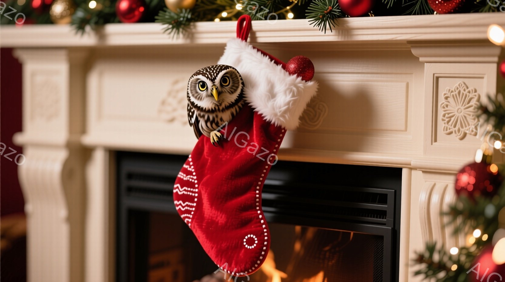 暖炉の上に赤いクリスマスストッキングが吊り下げられており、その中からフクロウが顔を出しています。フクロウは丸い目をして少し驚いた表情を浮かべており、ストッキングの白い縁がフワフワとした印象を与えます。 - AI生成フリー素材
