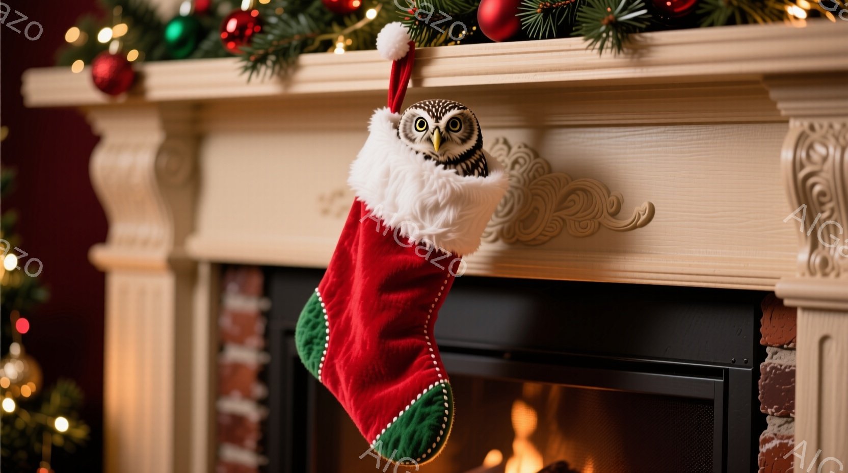 真っ赤なクリスマスストッキングが暖炉の上の装飾的なフックに掛けられています。ストッキングからはフクロウが顔を出しており、丸い目でこちらを見ています。背景には、キラキラと光るクリスマスツリーの飾りと、暖 - AI生成フリー素材
